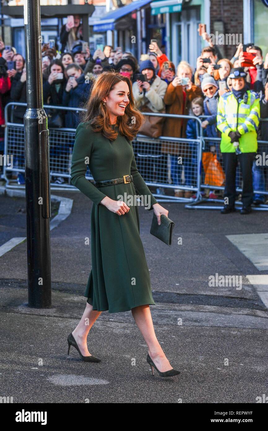 Duchess Of Cambridge seen arriving to the open Family Action Line Centre at Forest Hill, Lewisham in London. Stock Photo