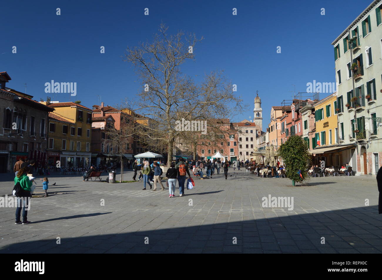 Pretty Shot Of Santa Margherita Field In Dorsoduro Neighborhood In Venice. Travel, holidays, architecture. March 28, 2015. Venice, Veneto region, Ital Stock Photo