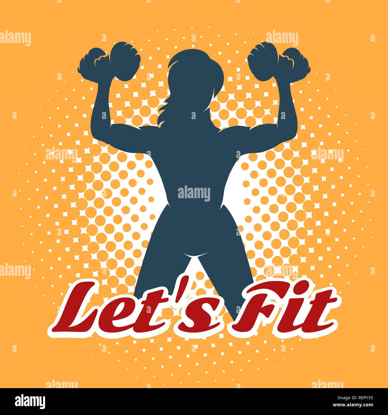 Silhouette of athletic woman with dumbbell and Slogan Lets Fit. Fitness Club Emblem in retro style on half tone background. Vector illustration. Stock Vector