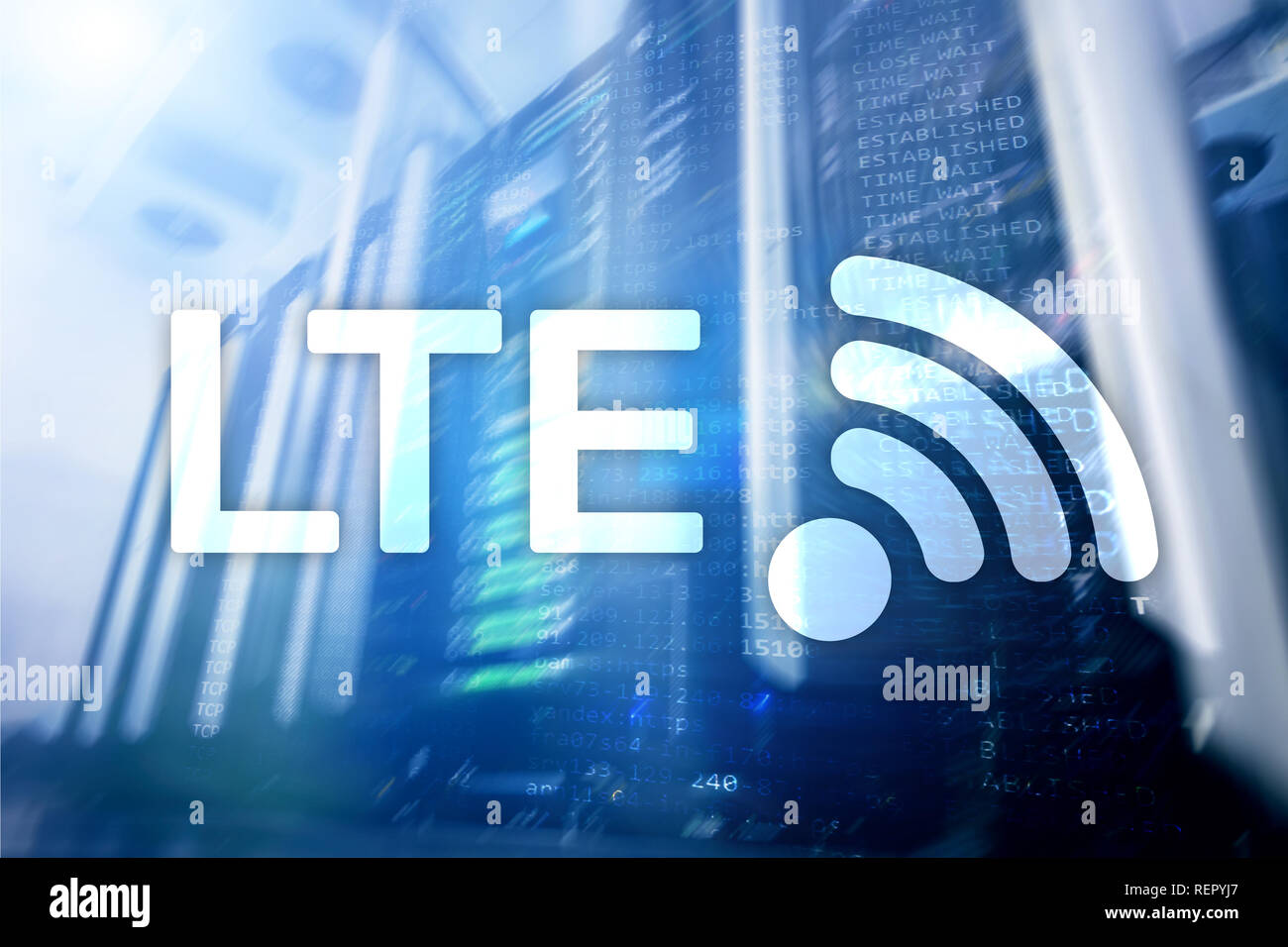 LTE, 5g wireless internet technology concept. Server room Stock Photo