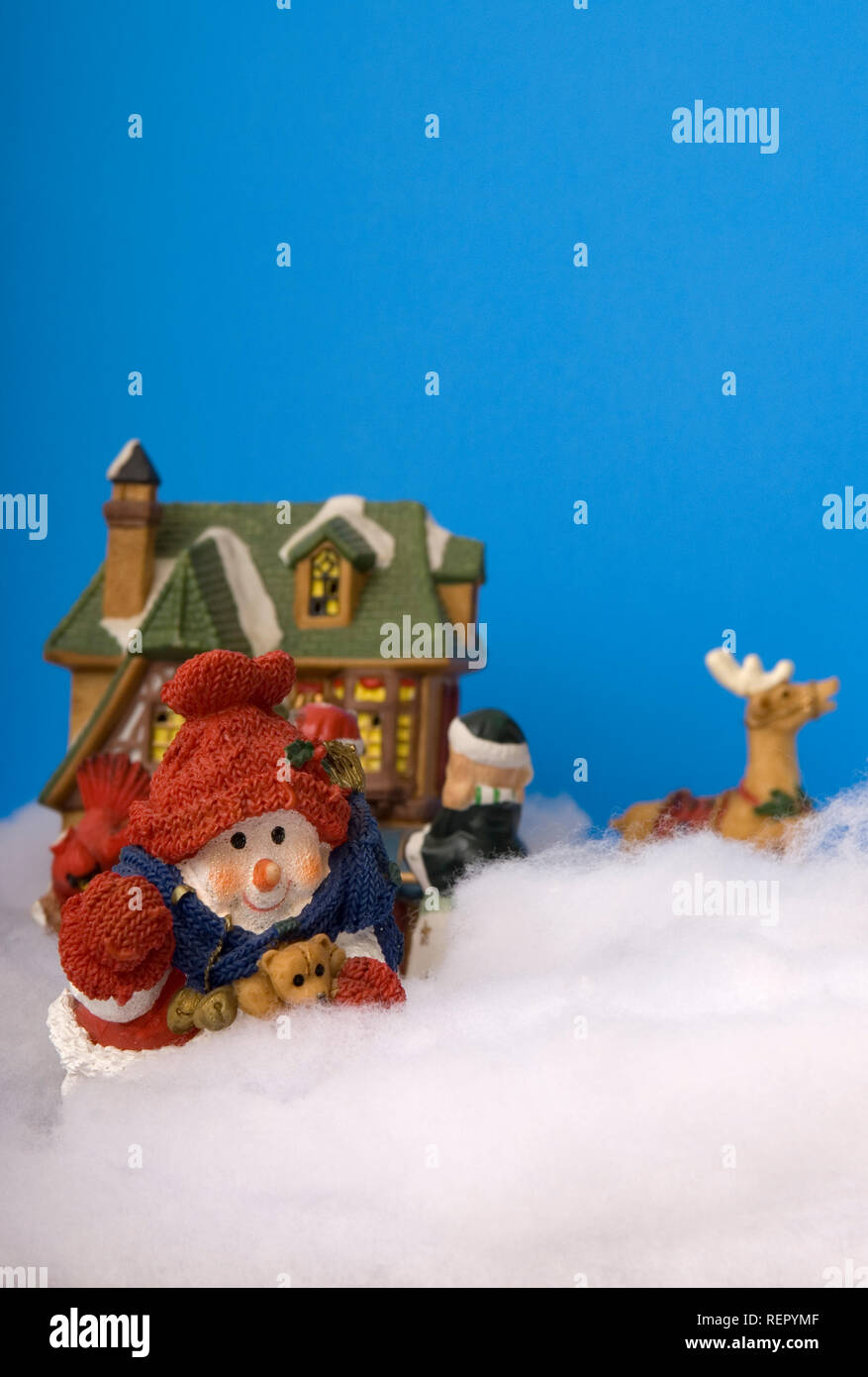 Christmas ornament display on cotton, USA. Stock Photo