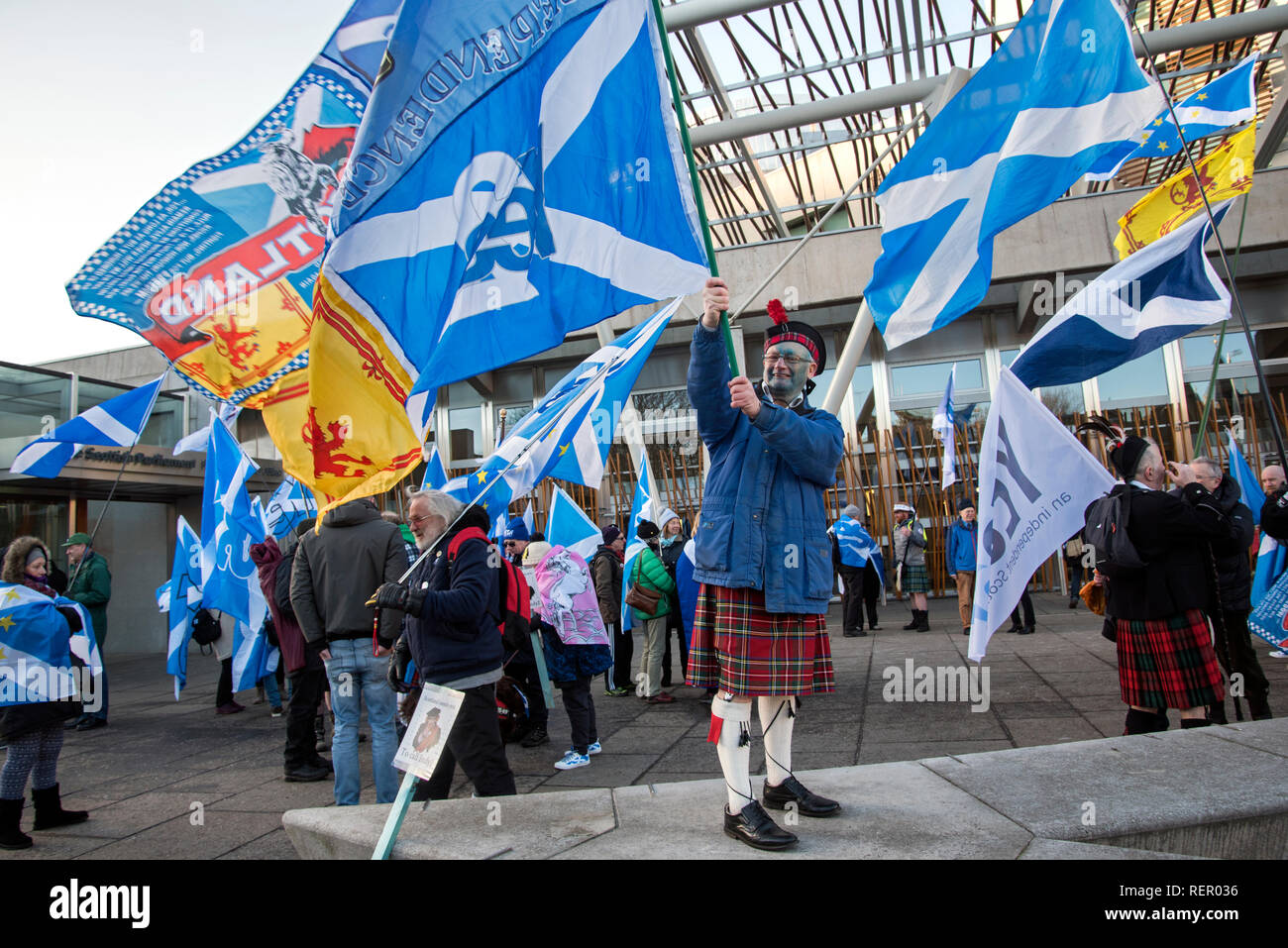 SNP supporters holding a rally outside the Scottish Parliament in Edinburgh calling for a second independence referendum. Stock Photo