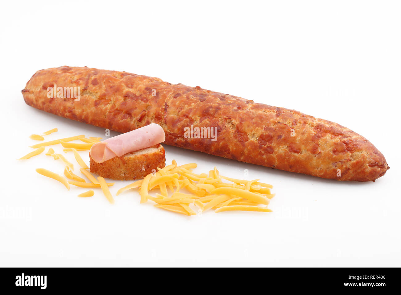 Baguette with bacon and cheese on a white background Stock Photo