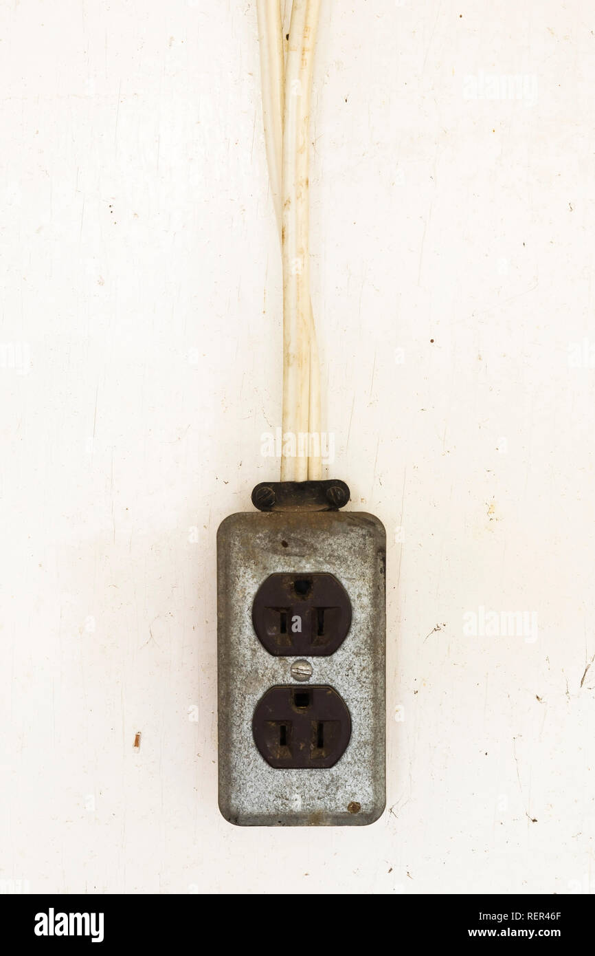 Old vintage metal electricity switch and junction box with exposed conduit  pipes on the surface mounted on a wooden wall alongside a door Stock Photo  - Alamy