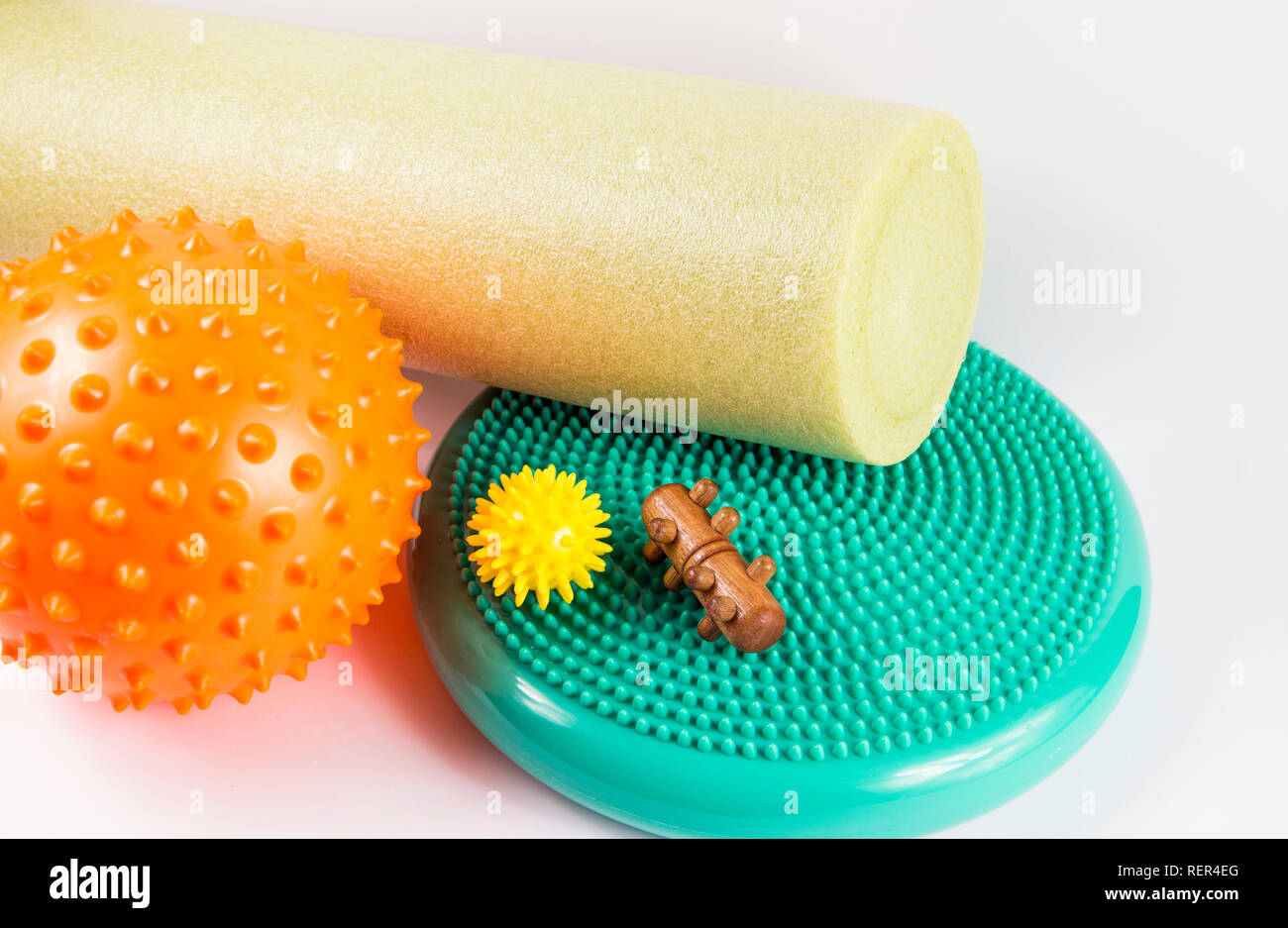 Massage yourself, composition of different tools isolated on white