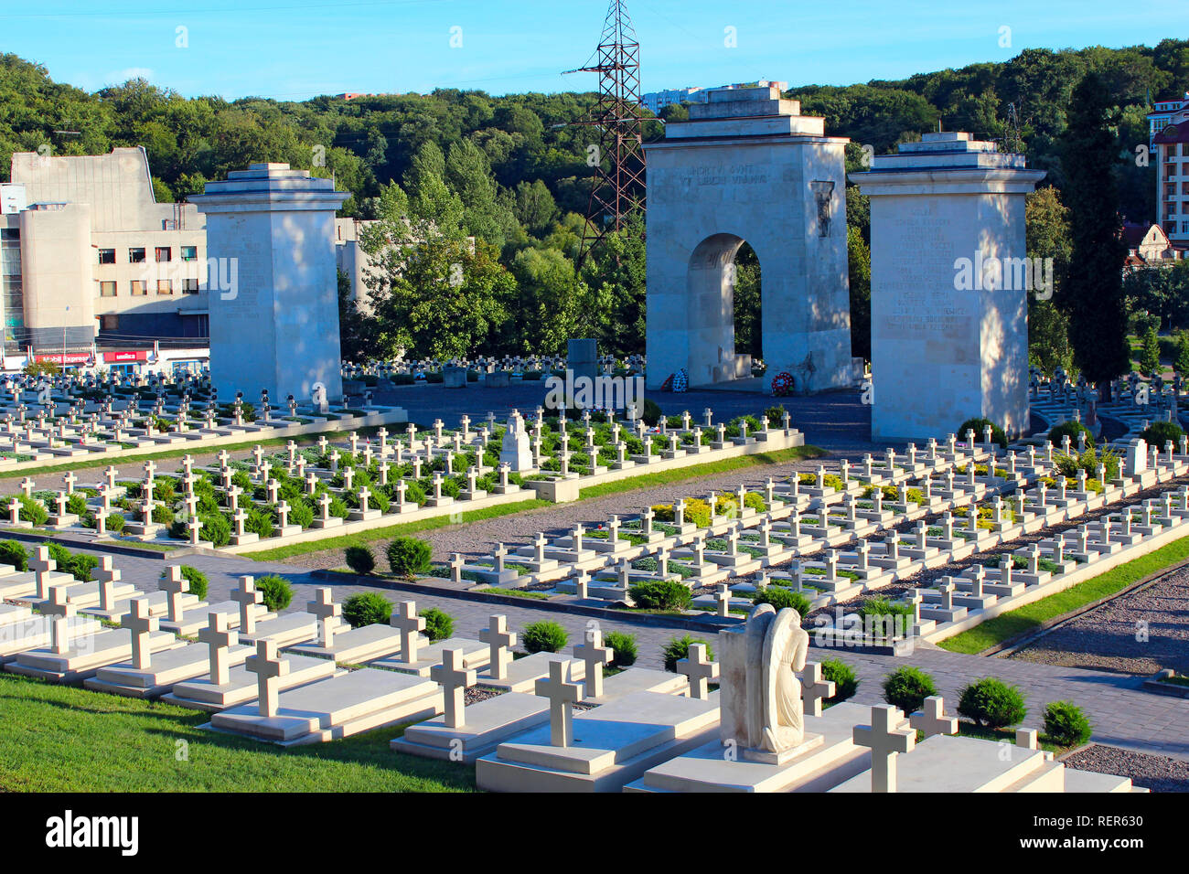 Cemetery in Lviv. Graves of Polish soldiers at Lychakiv Cemetery in Lviv. Graves of Defenders of Lwow on Lychakiv Cemetery in Lviv Stock Photo