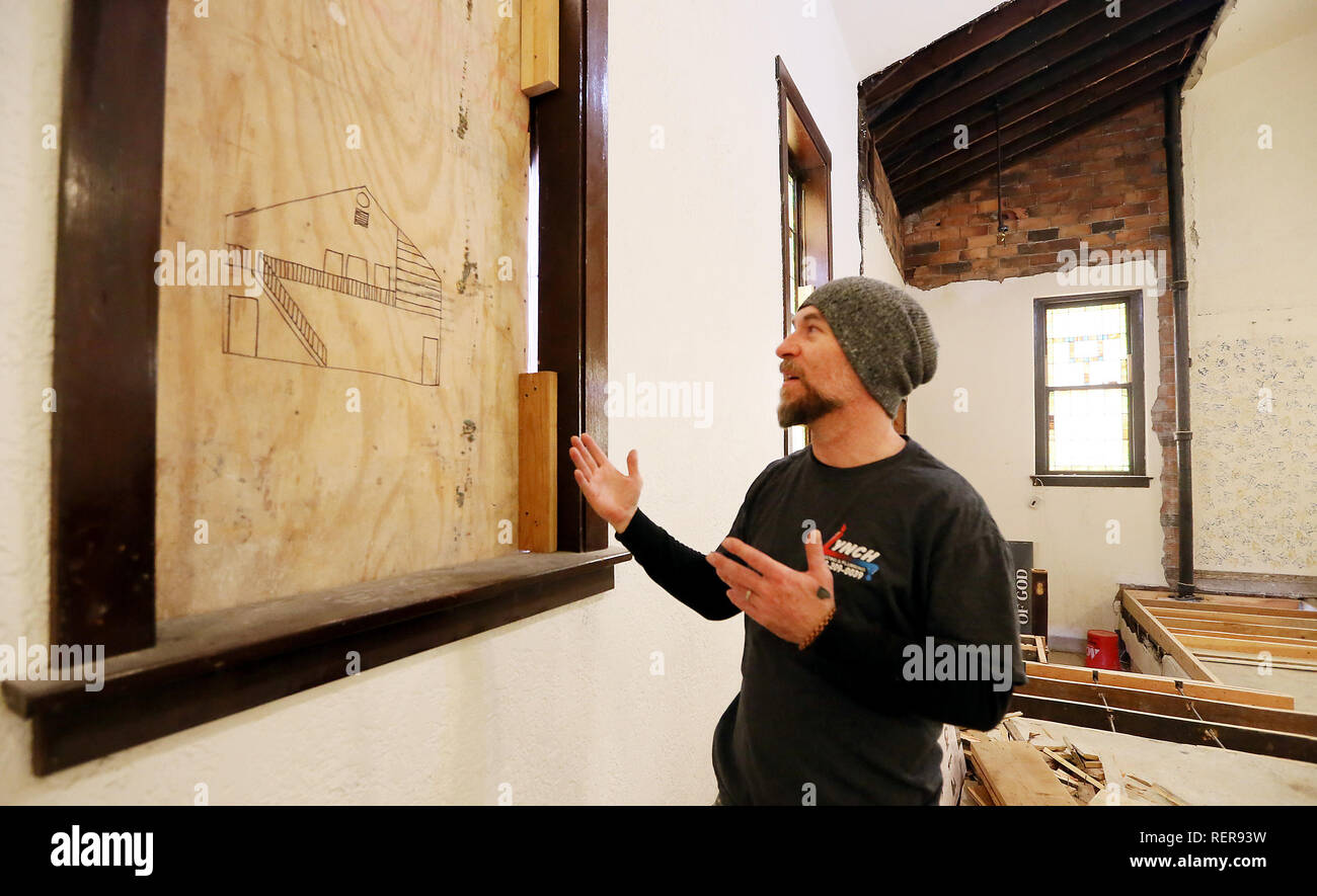 Davenport, Iowa, USA. 17th Jan, 2019. Thomas Lynch talks about the tentative design in the former Word of Faith Tabernacle Church on South Clark Street in Davenport Thursday, January 17, 2019. Credit: Kevin E. Schmidt/Quad-City Times/ZUMA Wire/Alamy Live News Stock Photo