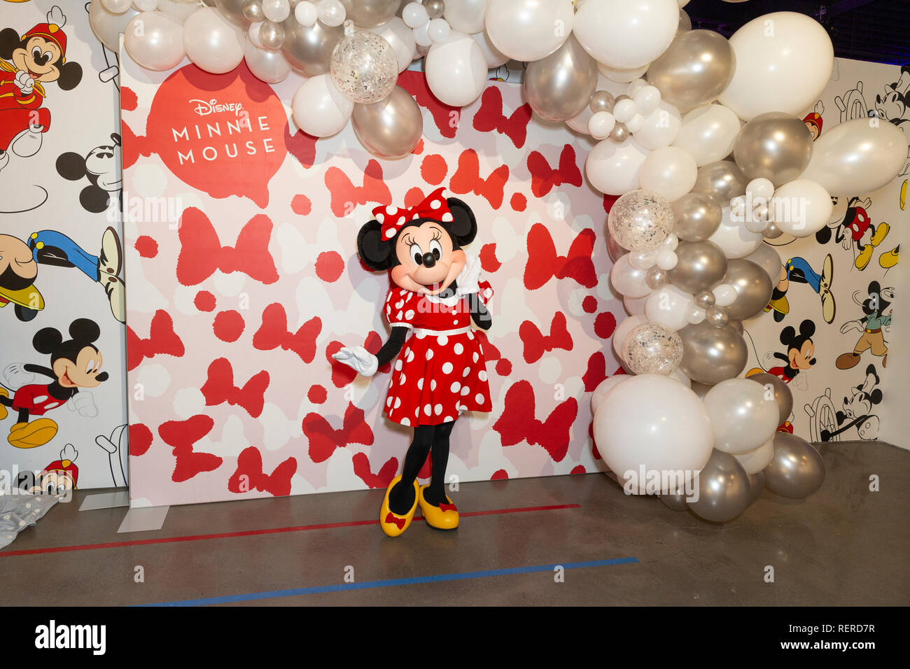 New York, United States. 22nd Jan, 2019. New York, NY - January 22, 2019: Minnie Mouse character attends Mickey: The True Original Exhibition during National Polka Dot Day on 60 10th Avenue Credit: lev radin/Alamy Live News Stock Photo