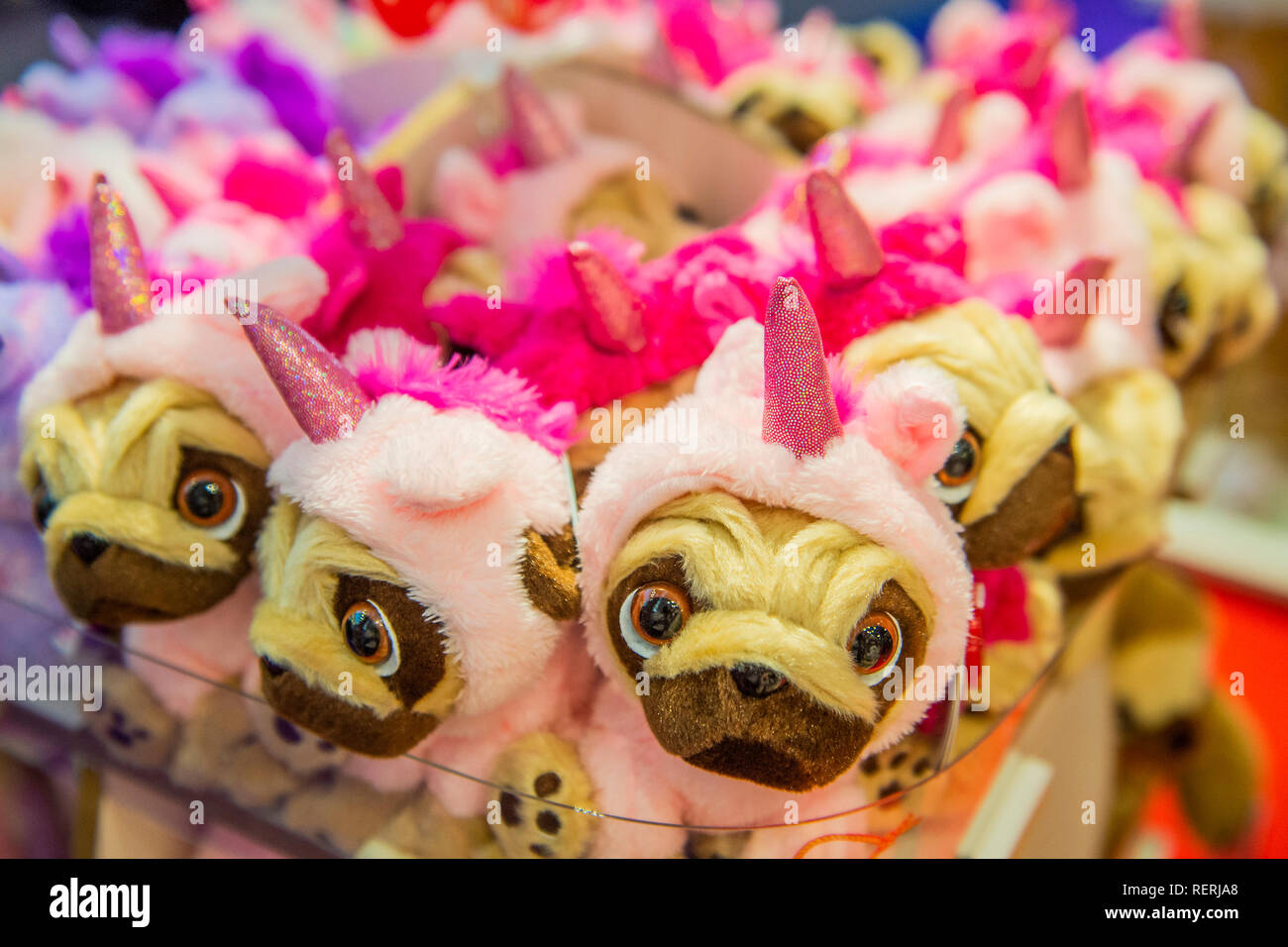 London, UK. 22nd Jan 2019. Pugsley soft toys on the Keel Toys Stand - The  Toy Fair at Olympia in London. Credit: Guy Bell/Alamy Live News Stock Photo  - Alamy