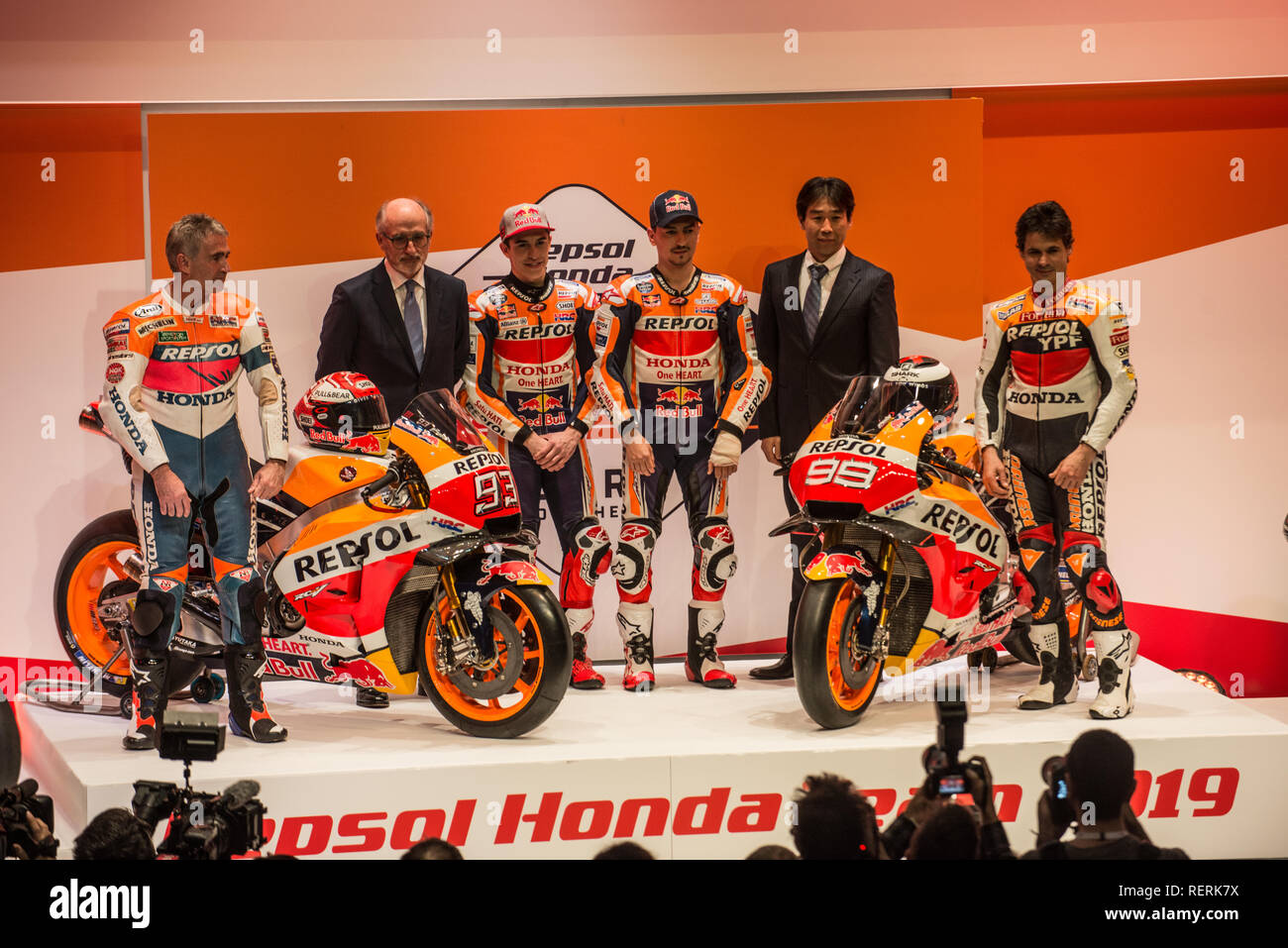 Repsol Campus, Madrid Spain. 23rd January, 2019. Honda HRC Moto GP team Presentation.   Mick Doohan, Marc Marquez, Jorge Lorenza, Alex Criville, Honda Moto GP riders, during the show Credit: Alessandro Avondo/Alamy Live News Stock Photo