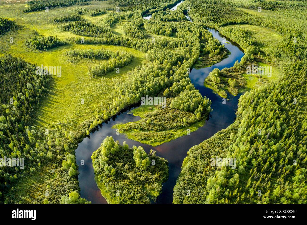 Drone view, aerial photo of a river loop, meander of the Kapsajoki in the boreal arctic forest, Kittilä, Lapland, Finland Stock Photo