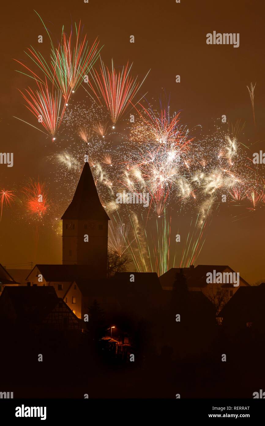 New Year's Eve fireworks, Korb im Remstal, Rems-Murr district, Baden-Württemberg, Germany Stock Photo