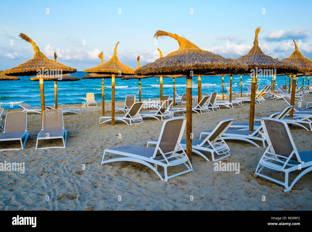 Empty sunbeds and parasols on the beach, Platja de Muro, Mallorca/Balearic Islands, Spain Stock Photo