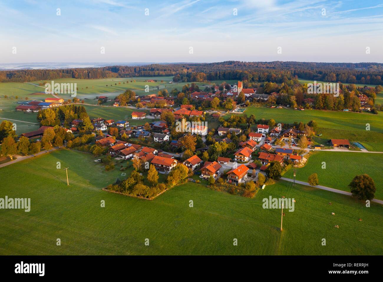Dorf Linden near Dietramszell, drone view, Tölzer Land, Upper Bavaria, Bavaria, Germany Stock Photo