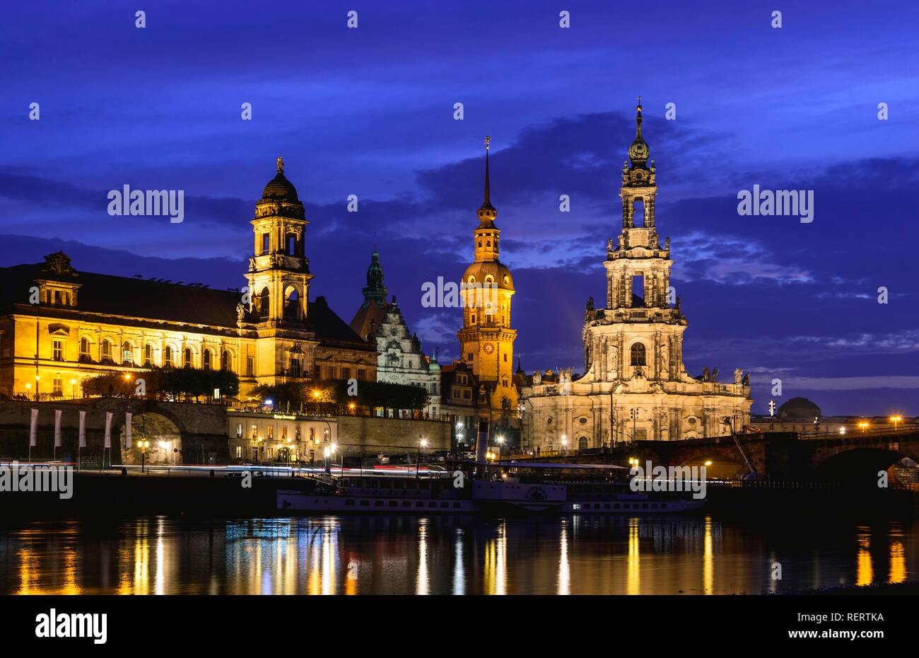 Old town at night, terrace bank, court church, residential palace and Elbe with water reflection, Dresden, Saxony, Germany Stock Photo