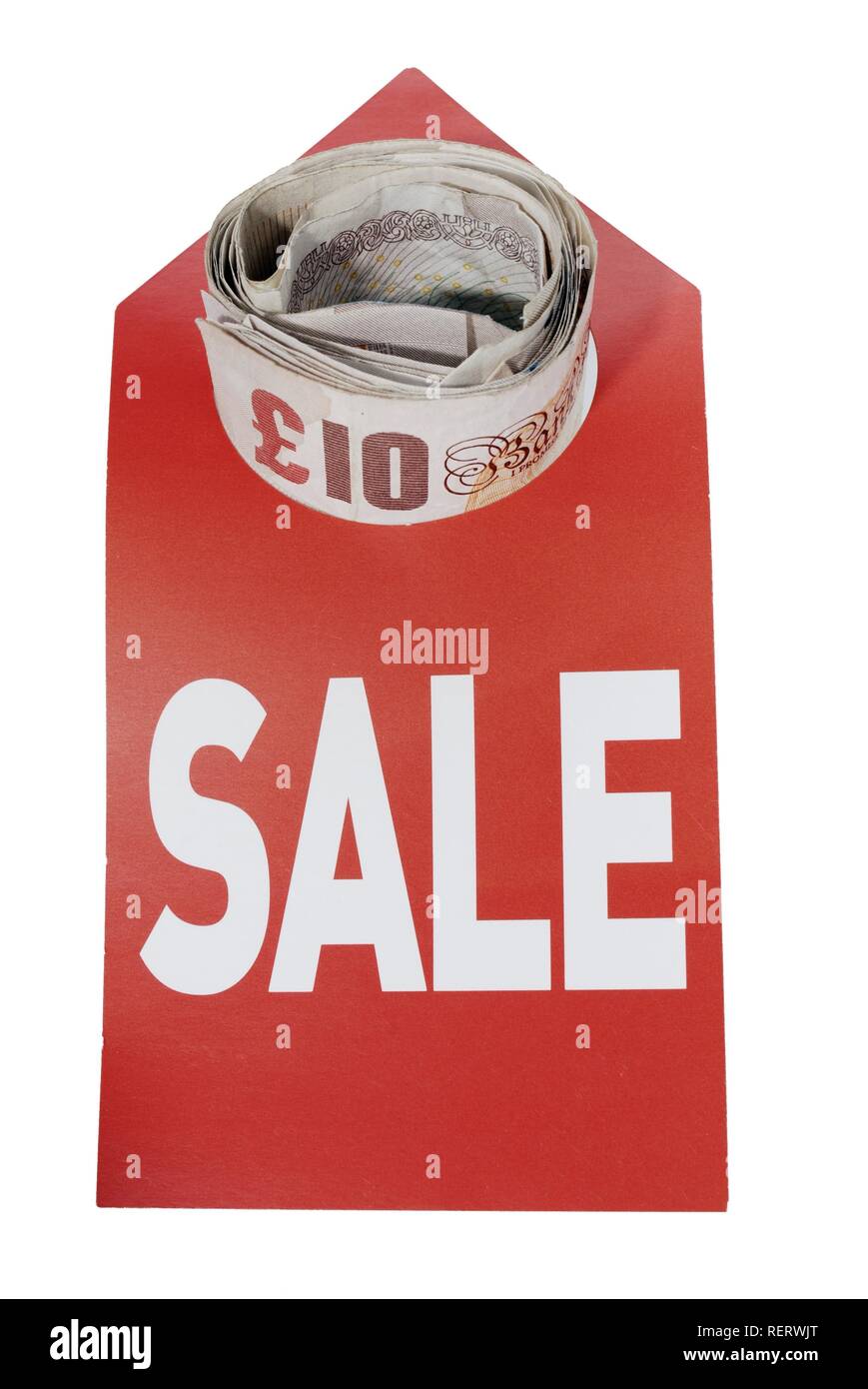 Money, lettering 'Sale', conceptual photograph illustrating falling interest rates, cheap credit and currency value Stock Photo