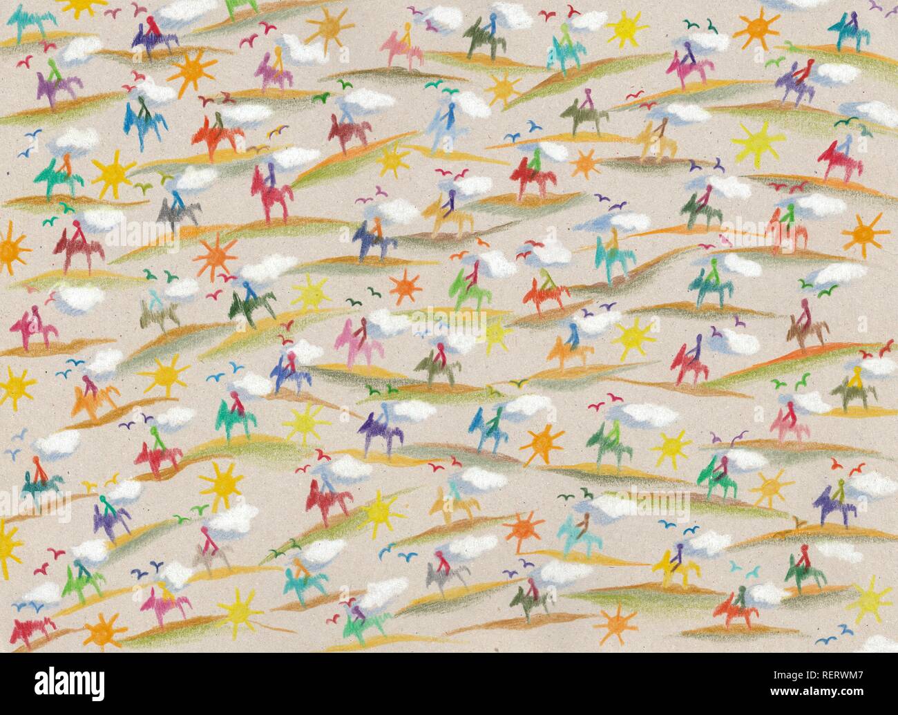 Wallpaper, wrapping paper, patterns colorful riders on hills, birds ...