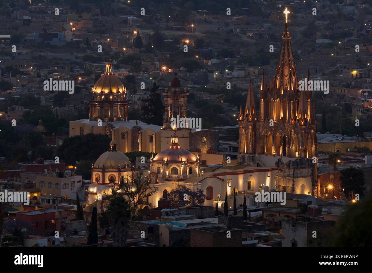 La Concepcion Church at night, historic town of San Miguel de Allende, Province of Guanajuato, Mexico Stock Photo