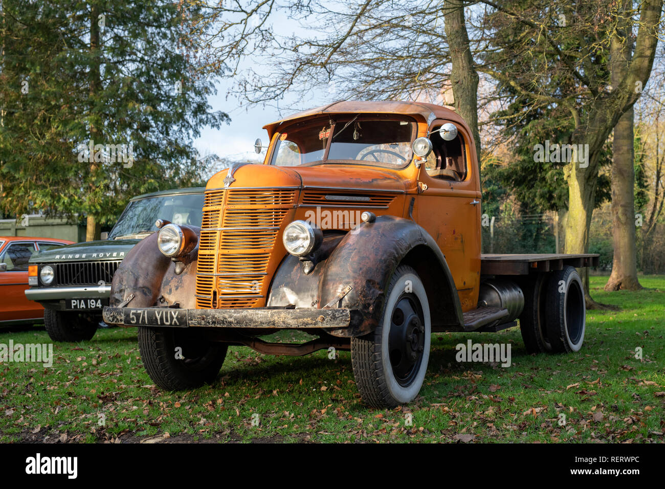 1940 International Harvester D3 flatbed truck at Bicester Heritage Centre. Oxfordshire, England Stock Photo