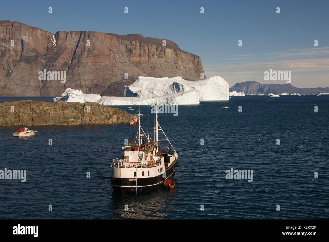 Ship in the Uummannaq bay, Greenland, Denmark Stock Photo