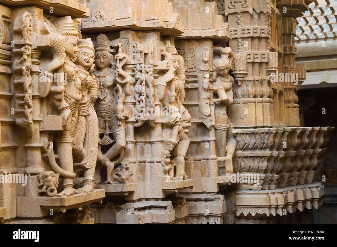 Carved columns, Jain Temple, Jaisalmer, Thar Desert, Rajasthan, India, South Asia Stock Photo