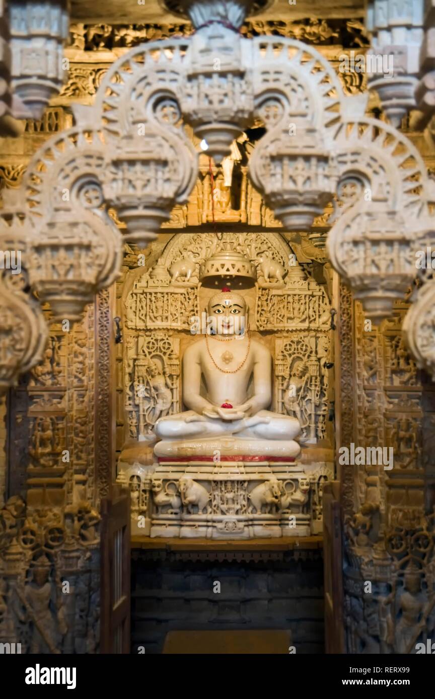 White marble statue of Mahavira, Jain Temple, Jaisalmer, Thar Desert, Rajasthan, India, South Asia Stock Photo