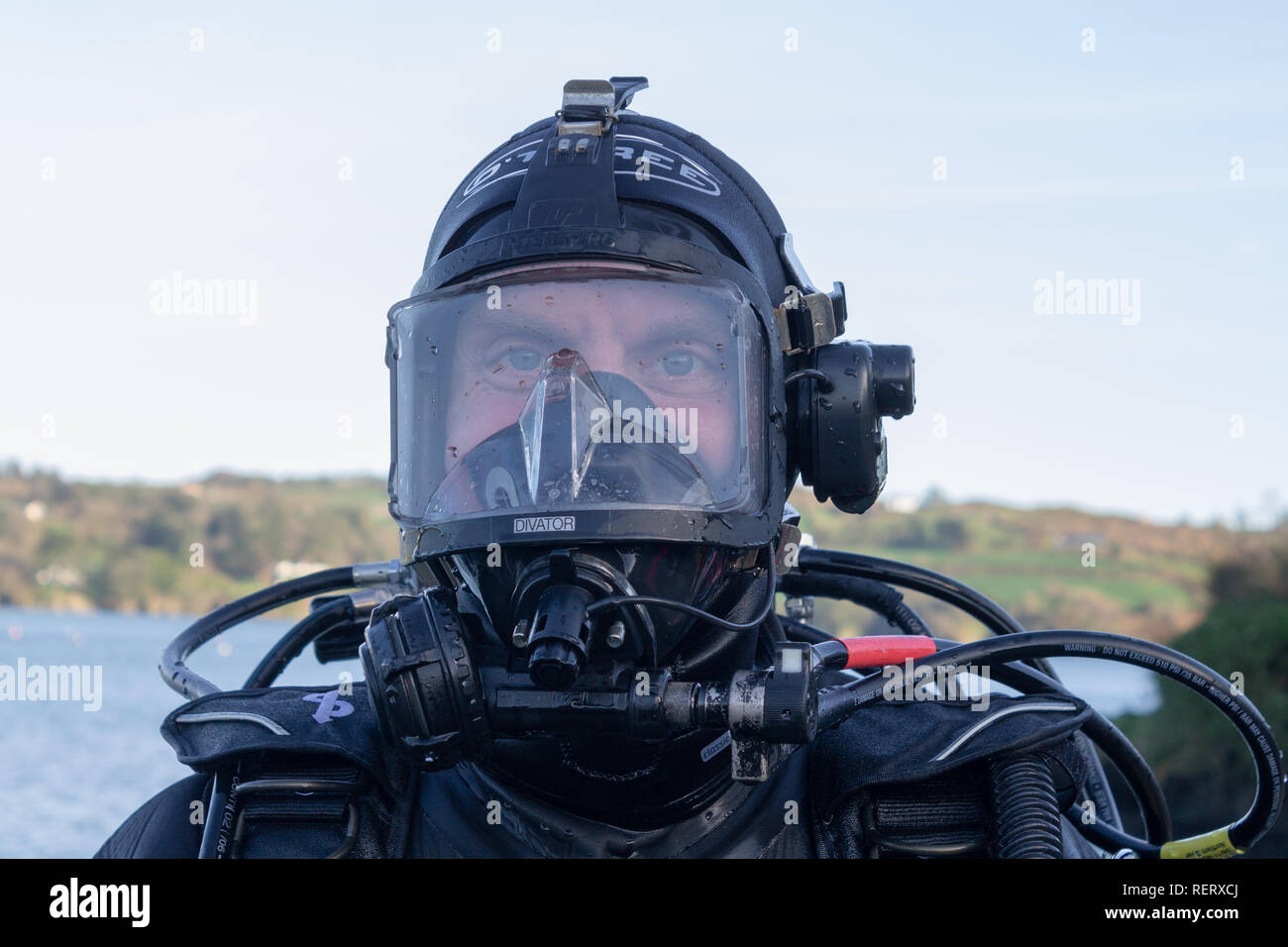 close up of a man wearing diving equipment Stock Photo