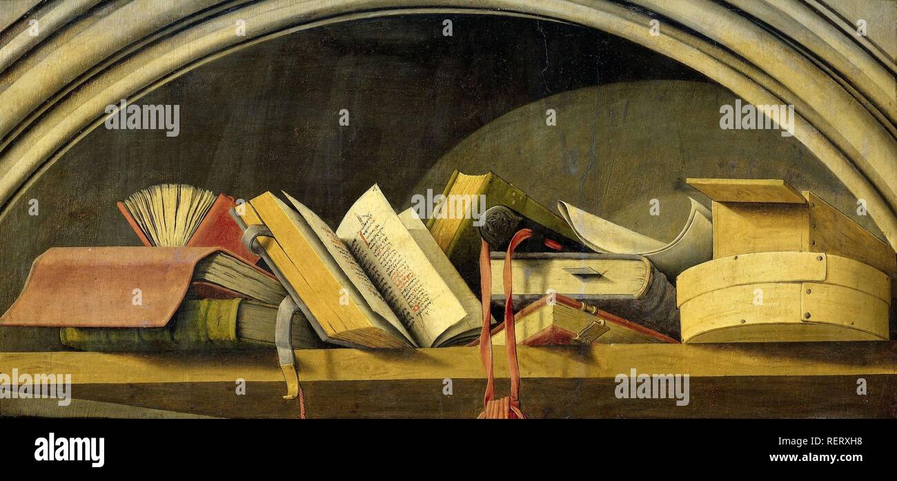 Still Life with Books in a Niche. Dating: 1442 - 1445. Place: Provence. Measurements: h 30 cm × w 56 cm. Museum: Rijksmuseum, Amsterdam. Author: BARTHELEMY D'EYCK. Meester van de Annunciatie van Aix (rejected attribution). Master of the Aix Annunciation. Stock Photo
