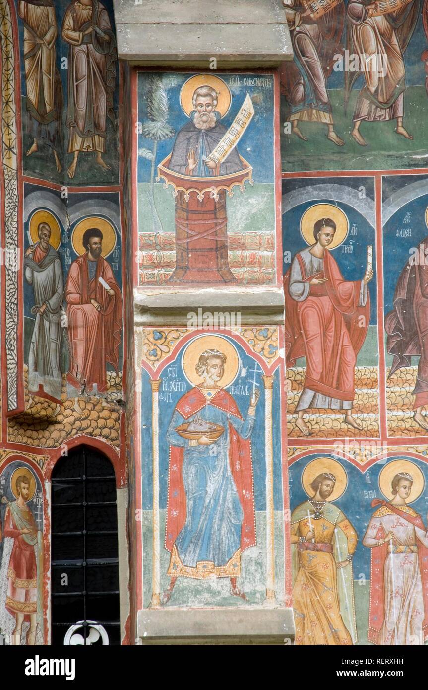 Exterior frescoes, Church of Annunciation, UNESCO World Heritage Site, Moldovita, Southern Bukovina, Moldova, Romania, Europe Stock Photo