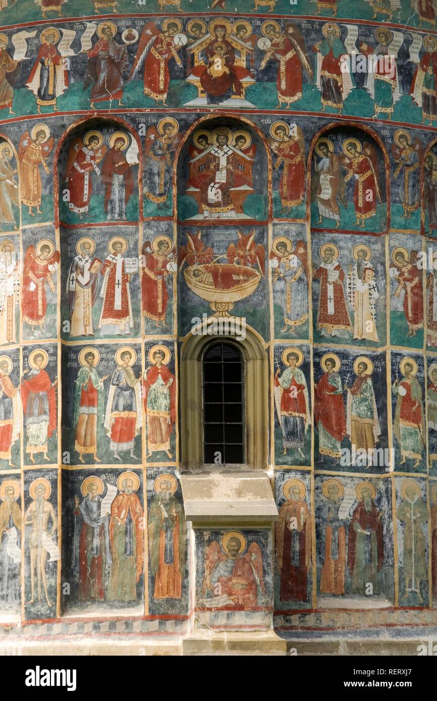 Exterior frescoes, monastery of Sucevita, UNESCO World Heritage Site, Southern Bukovina, Moldova, Romania, Europe Stock Photo