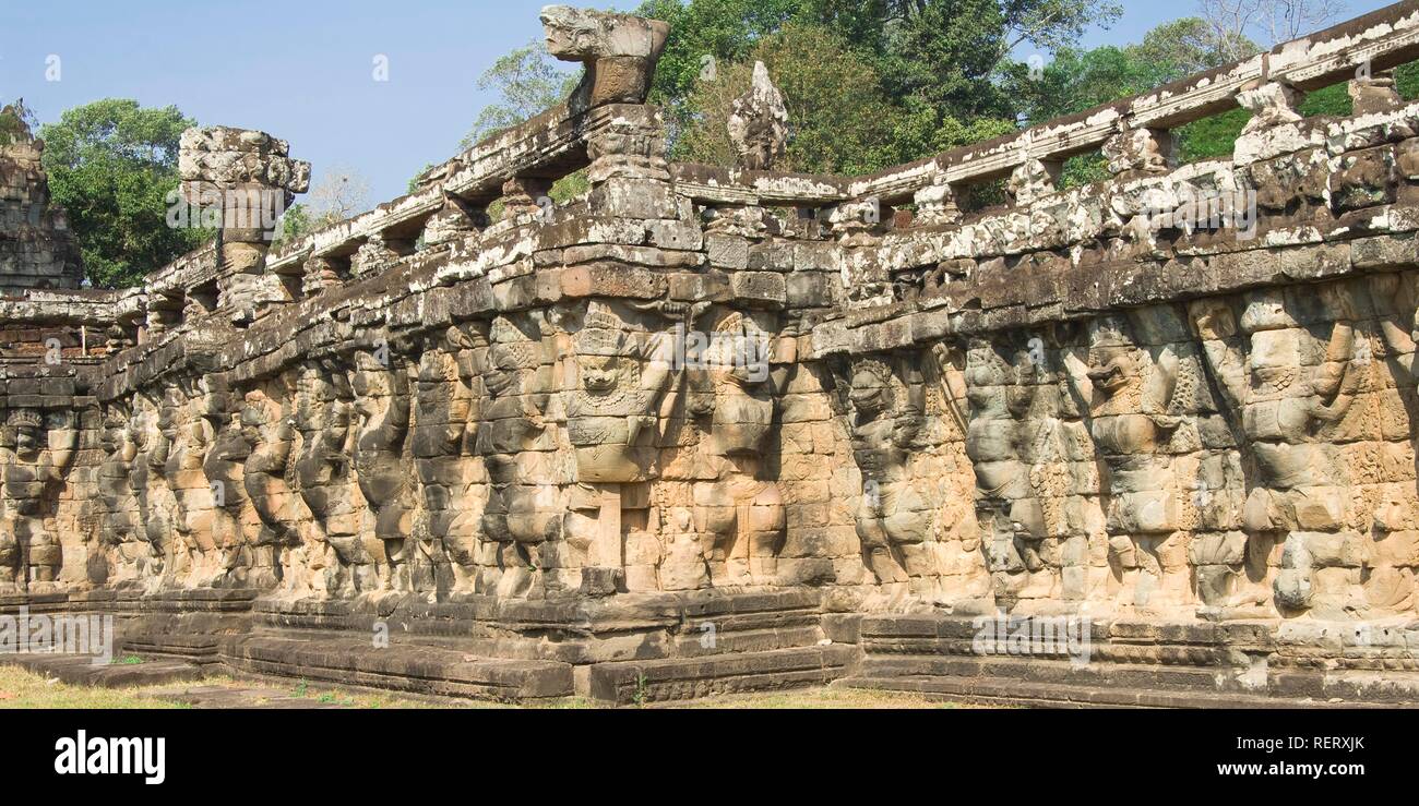 Wall with garudas and lions, Terrace of the Elephants, Angkor Thom, UNESCO World Heritage Site, Siem Reap, Cambodia Stock Photo