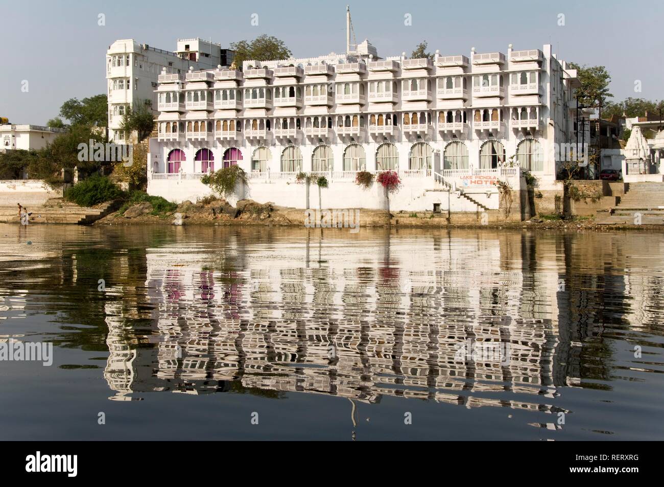 Hotel at the Pichola Lake, Udaipur, Rajasthan, India, South Asia Stock Photo