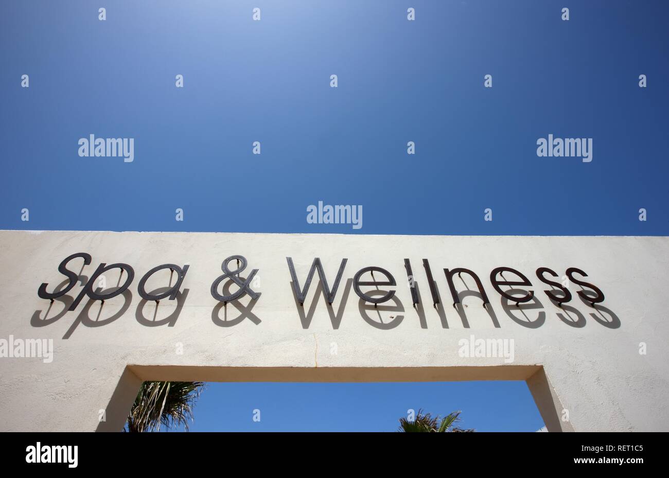 Signage, Spa and Wellness in Hotel Riu Palace Tres Islas, Fuerteventura, Canary Islands, Spain, Europe Stock Photo