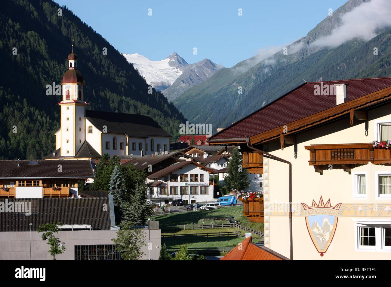 Parish Church in Neustift in front of Stubai Glacier, Stubai Valley, Tyrol, Austria, Europe Stock Photo