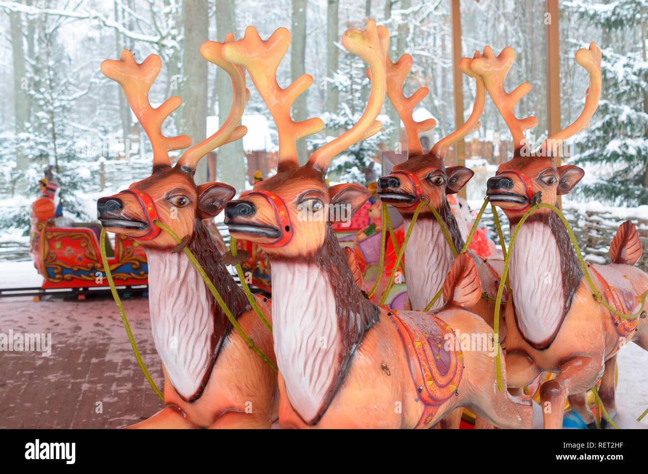 Brest, Belarus - January 11, 2019: Christmas carousel of reindeer and Santa Claus Stock Photo