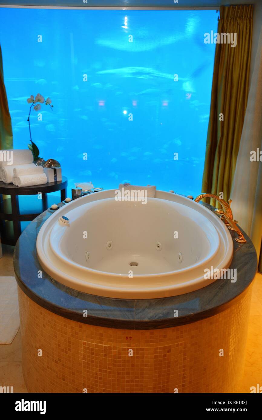 Underwater suite looking into the 11 million liter Ambassador Lagoon  aquarium, in the Atlantis Hotel, The Palm, Dubai Stock Photo - Alamy