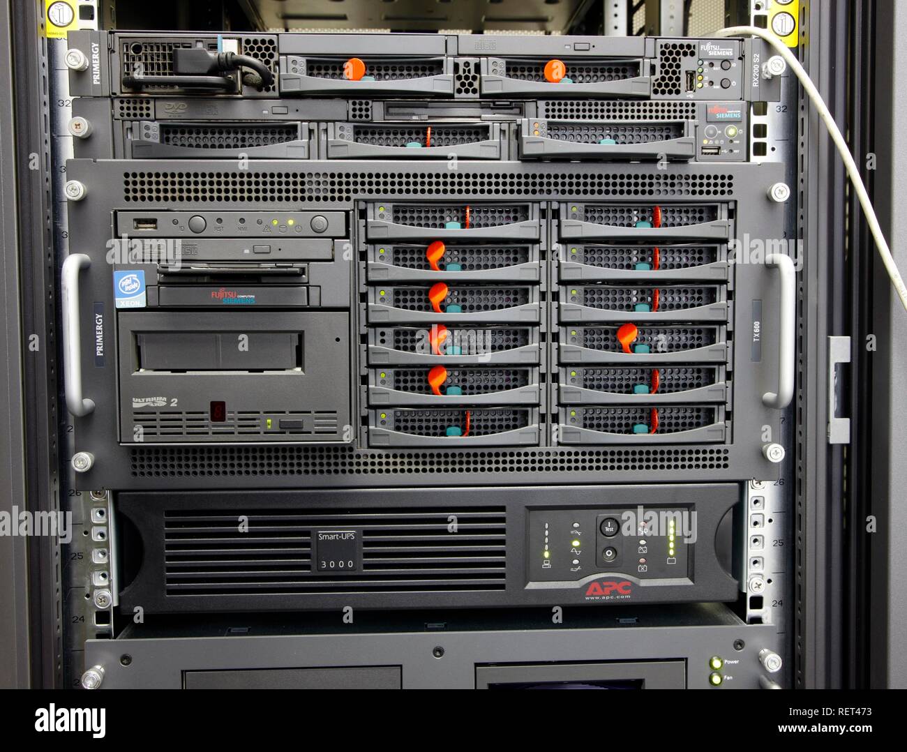 Mainframe computer, computer center of a company, server connection of  individual computer workstations to the server Stock Photo - Alamy