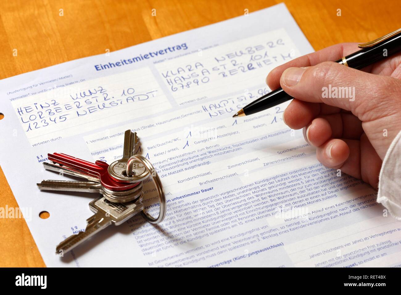 Filling in a standard rental contract, private rental appartment Stock Photo