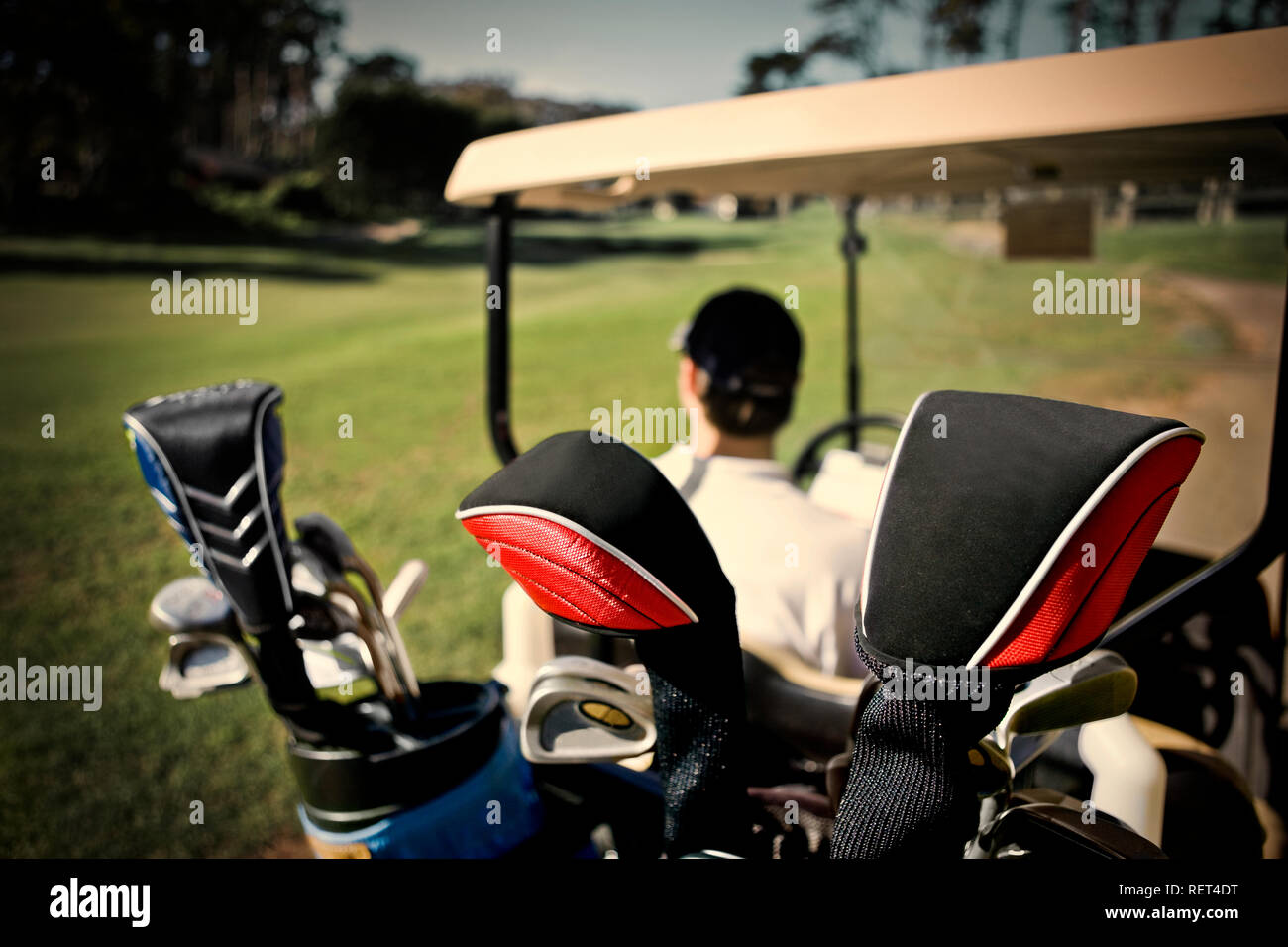 Golf clubs inside a golf bag in the back of a golf cart at a golf course. Stock Photo