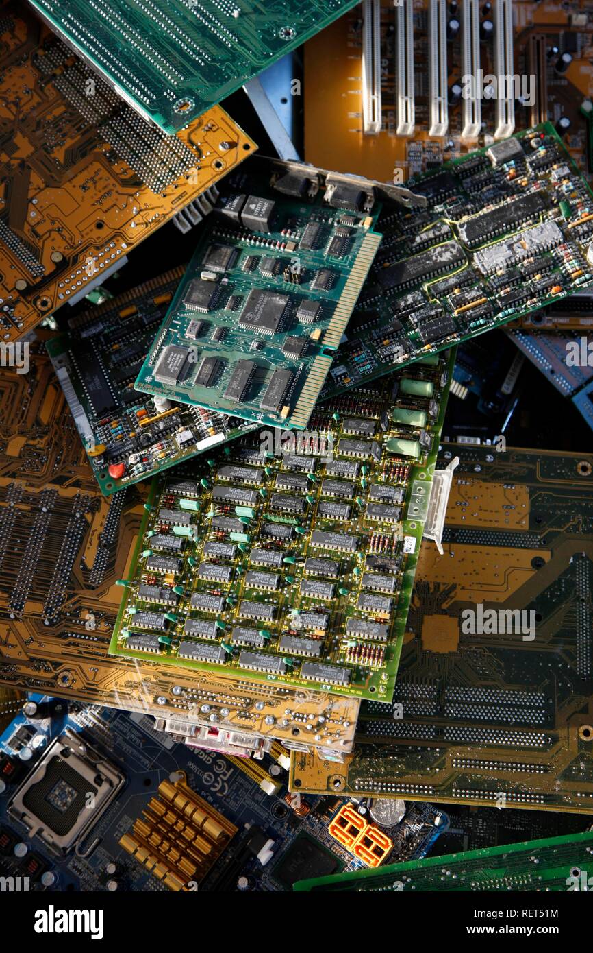 Electronic scrap, sorted used computer parts from discarded computers