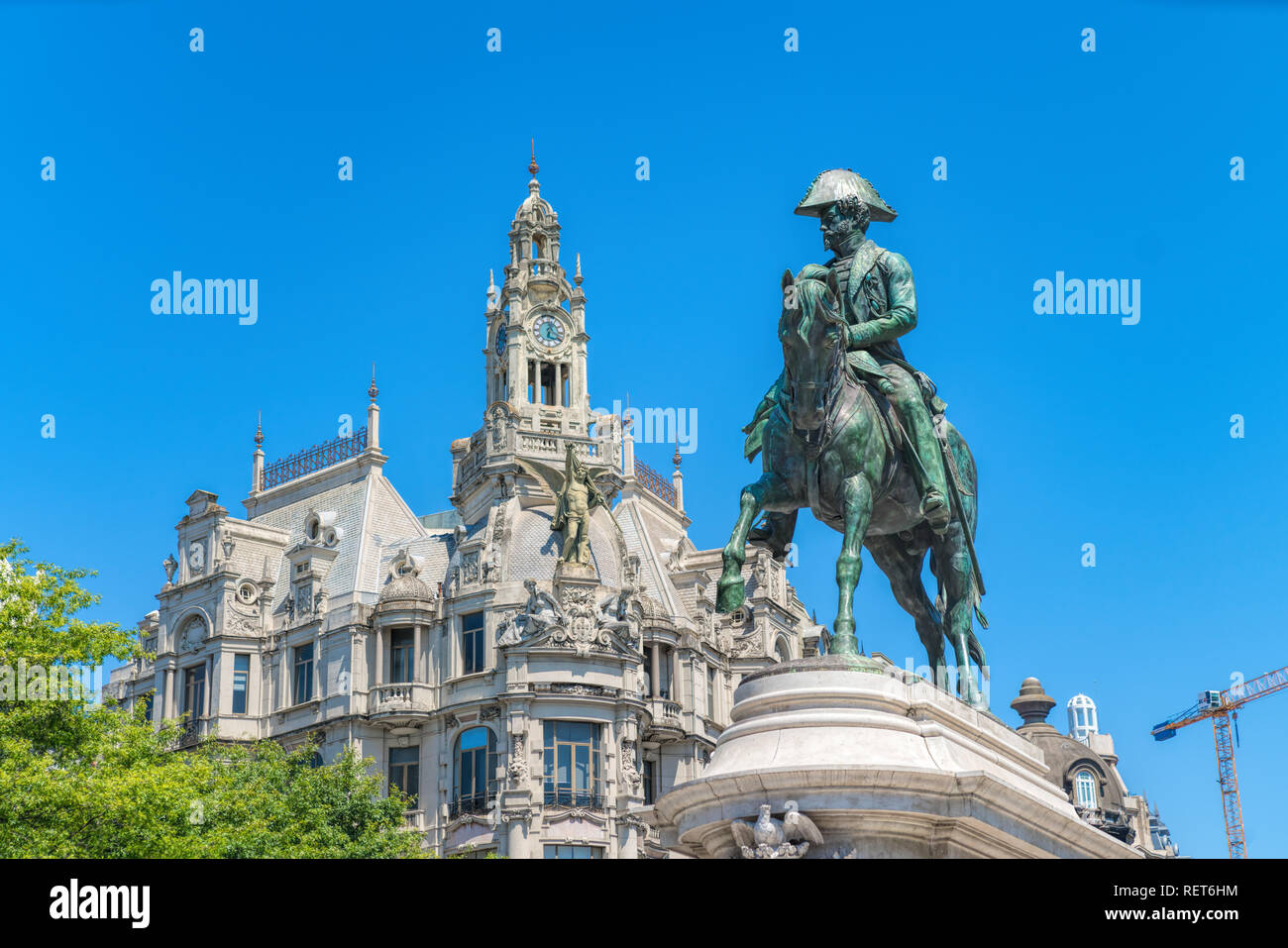 king Pedro IV equestrian bronze statue at Praça da Liberdade in old town. Stock Photo