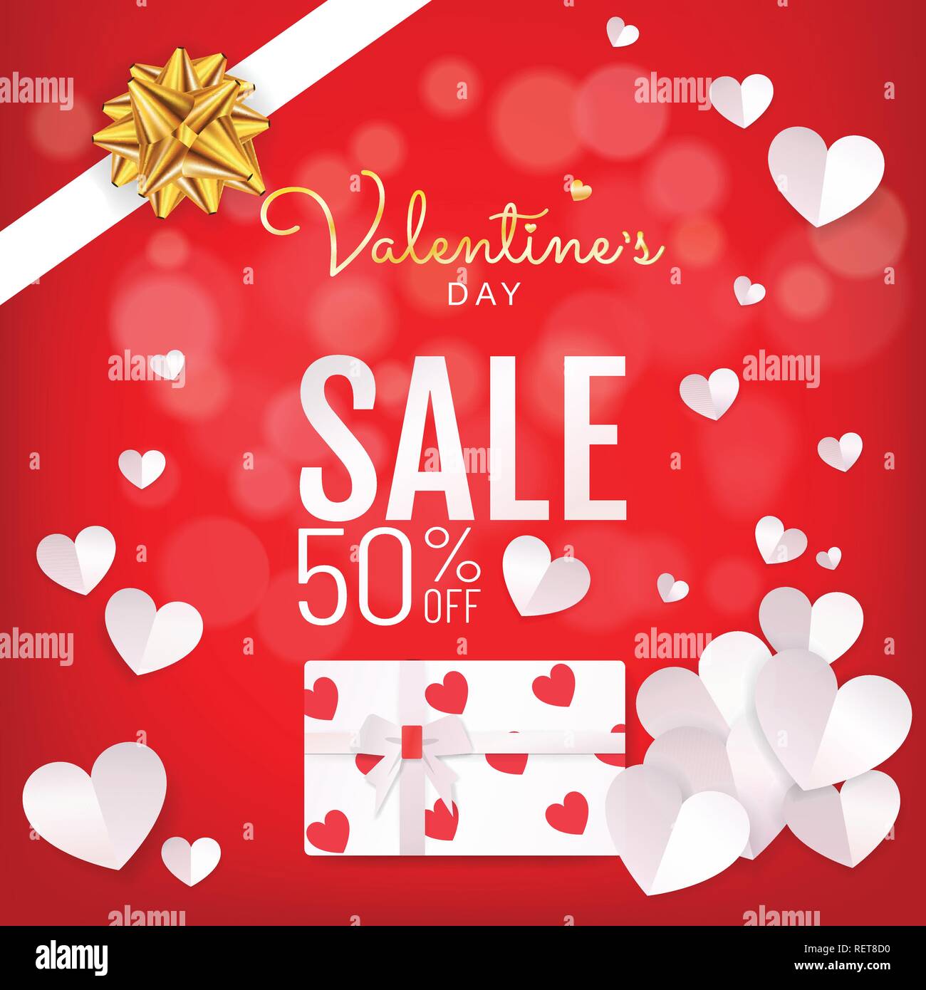 Red background Valentines Day sale banner with white gift box present ...