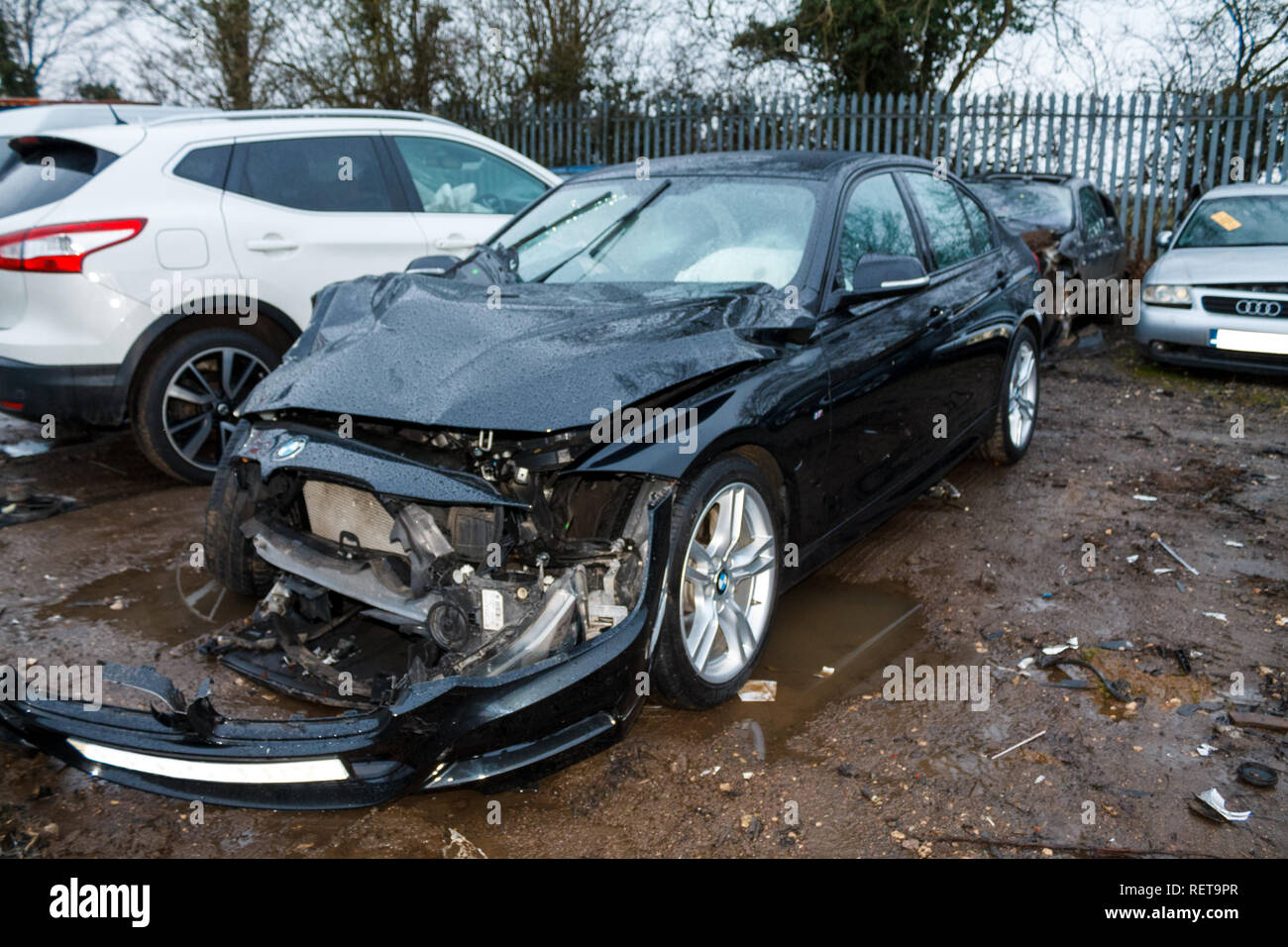 Car crash / vehicle damage; BMW head/side on crash damage. Stock Photo