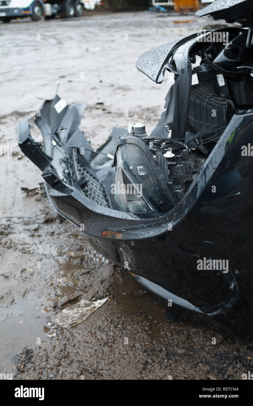 Car crash / vehicle damage; Head on crash, front bumper damage Stock