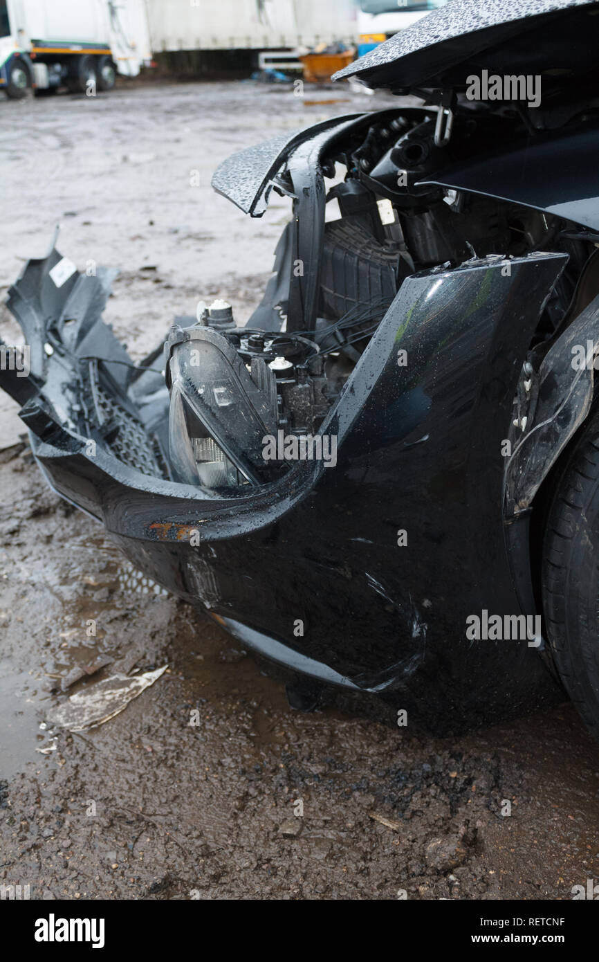 Car crash / vehicle damage; Head on crash, front bumper damage Stock