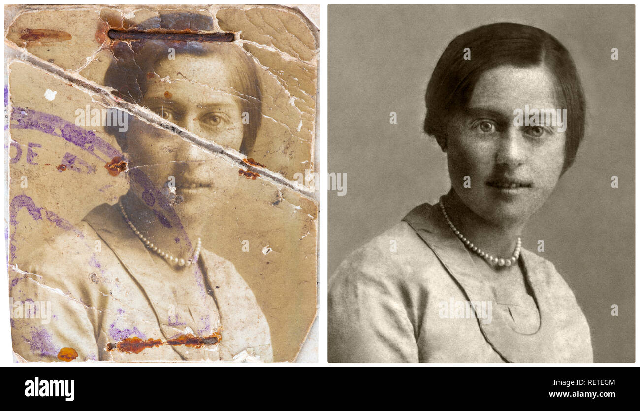 Example of restoration of an old passport photo (before / after). Exemple de restauration de photographie ancienne (avant / après). Stock Photo