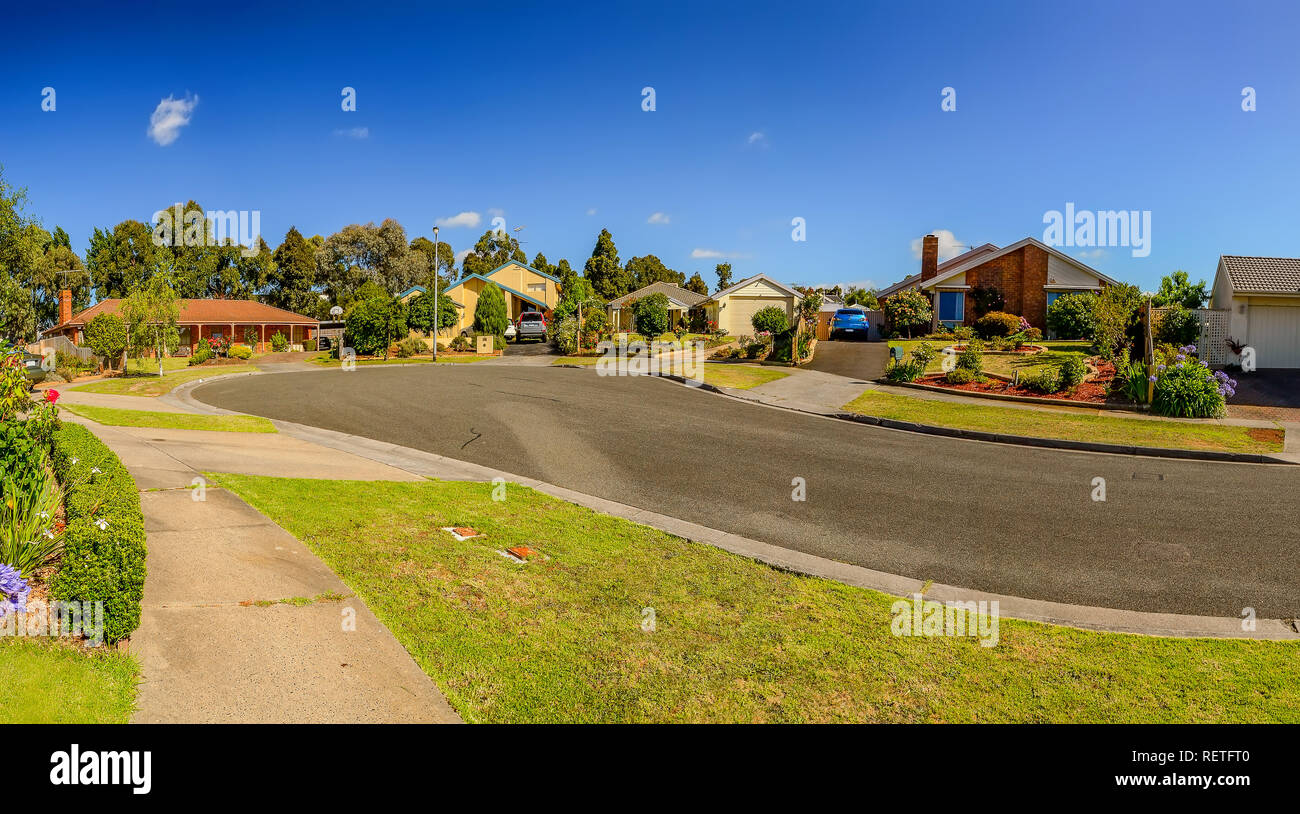 Sunny summer day in Hallam, Australia. Beautiful houses and wellkept