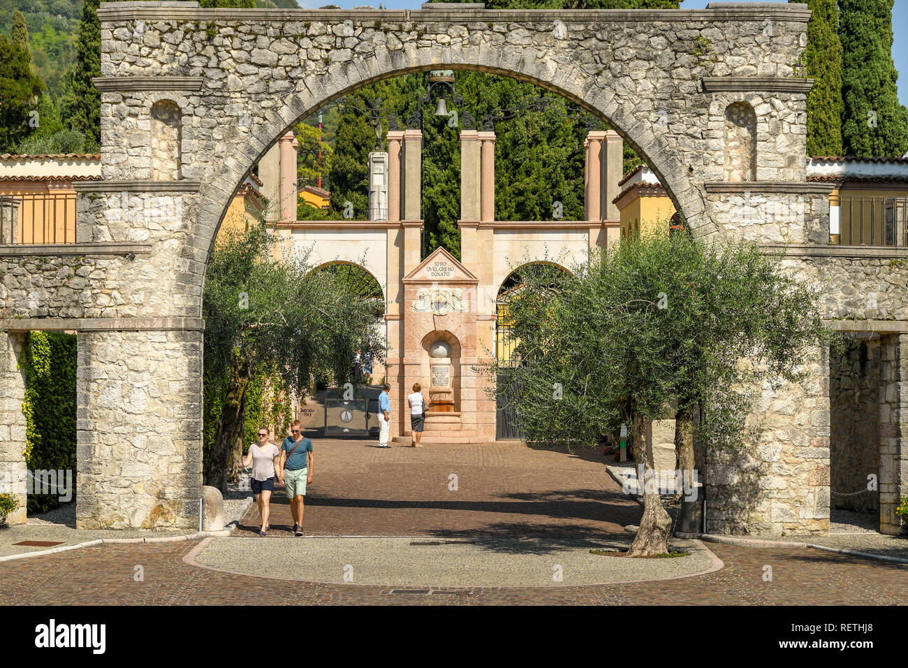 GARDONE RIVIERA, ITALY - SEPTEMBER 2018: Entrance to the Vittoriale degli Italiani gardens in Gardone Riviera. Stock Photo