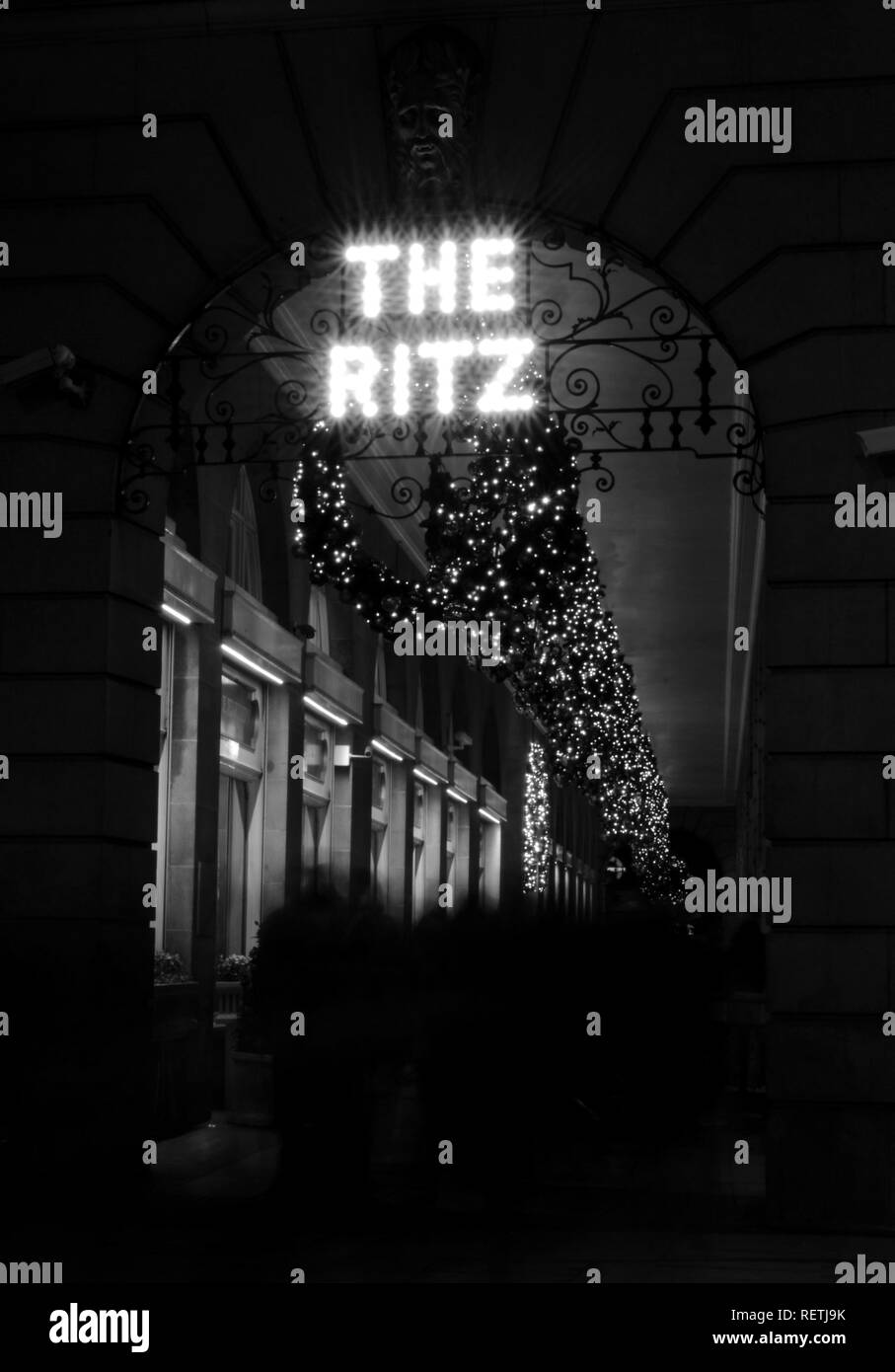 Pavement of Piccadilly in front of the Ritz hotel at Christmas, London, UK. Stock Photo