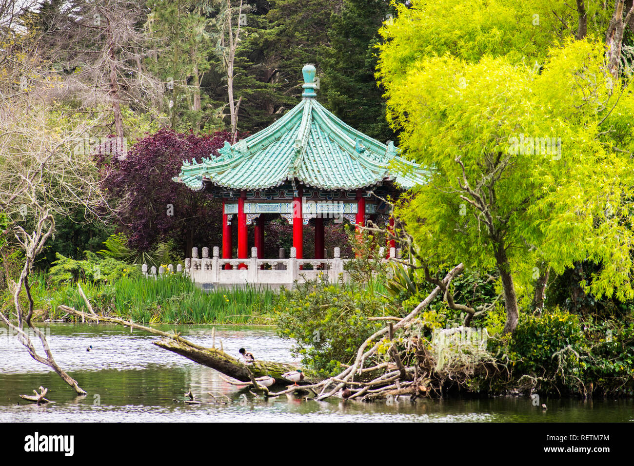 The Chinese Pavilion on the shoreline of Stow Lake, Golden Gate park